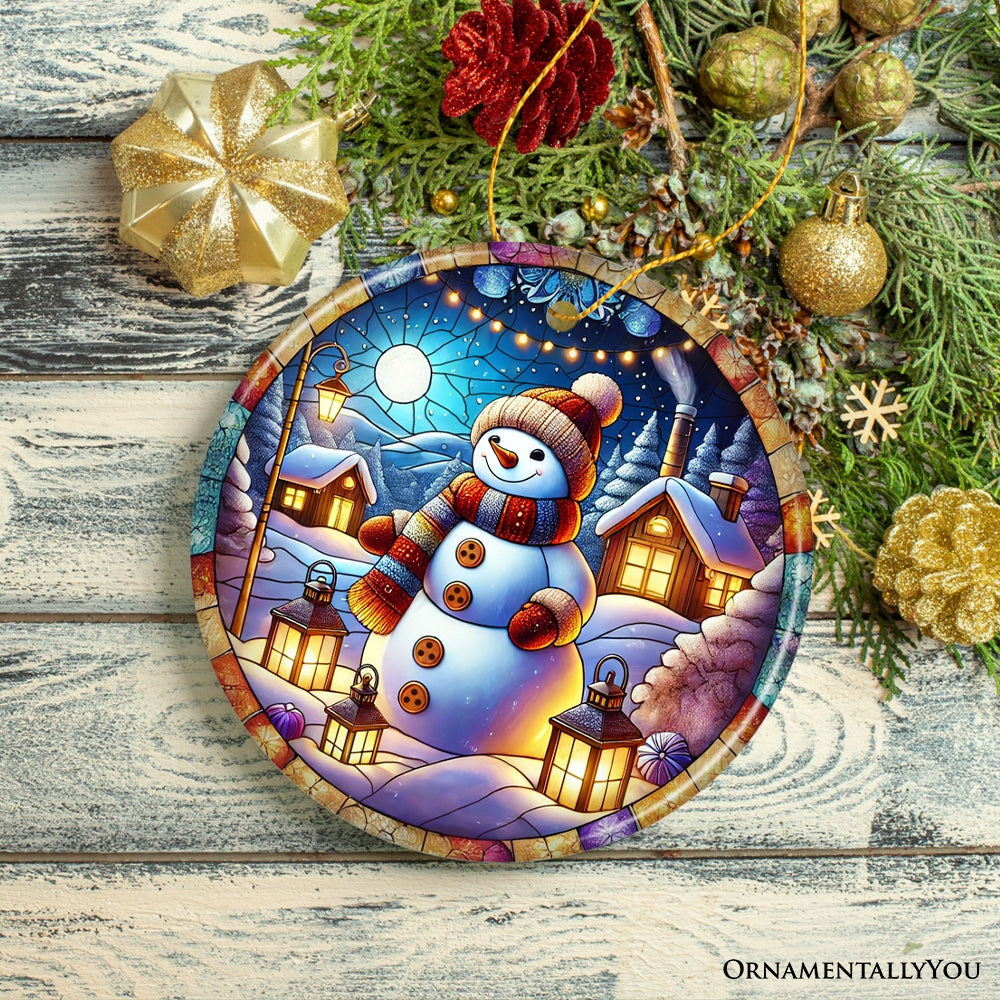 Enchanting Snowman with Cozy Lantern in Winter Village Ceramic Ornament for Decor and Gift