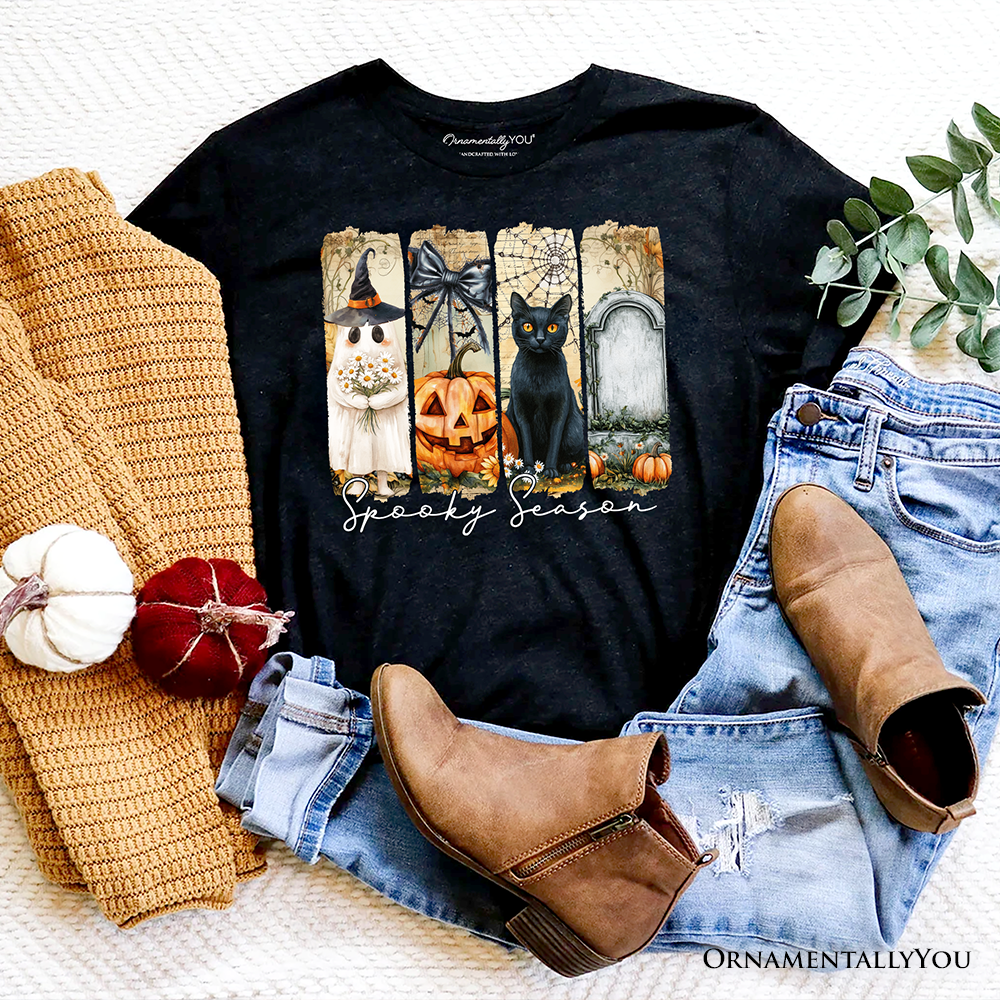 Fall Spooky Season Brushstroke T-Shirt, Coquette Vintage Ghost, Cat and Pumpkin Tee