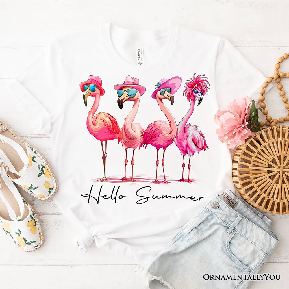 Flamingo Hello Summer T-Shirt, White and Natural Retro Tee with Tropical Birds