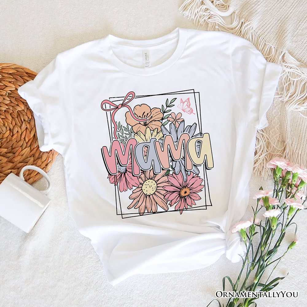 Floral Mama Coquette Bow Pastel T-Shirt, White and Natural Boho Tee With Spring Flower