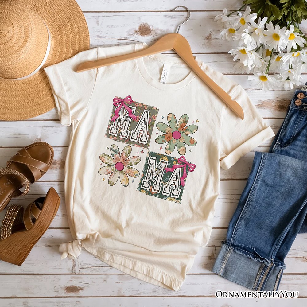 Floral Mama Coquette T-Shirt, White and Natural Boho Tee for Sweet and Stylish Moms