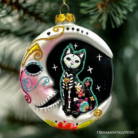 Folkloric Siamese Cat Sugar Skull Glass Ornament, Celestial Crescent Moon Halloween Decor