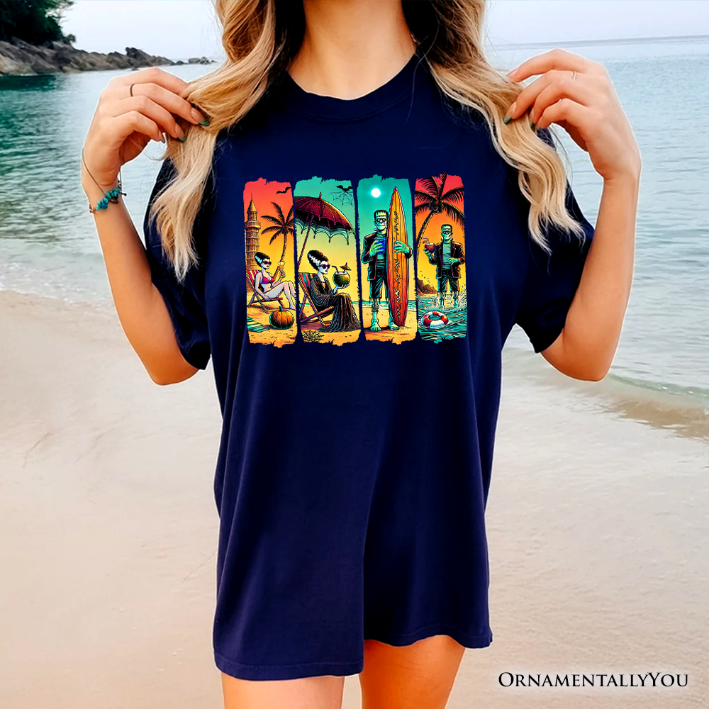 Frankenstein's Beach Vacation T-Shirt, Retro Neon Surf Style Tee for Horror Fans with Summer Vibes
