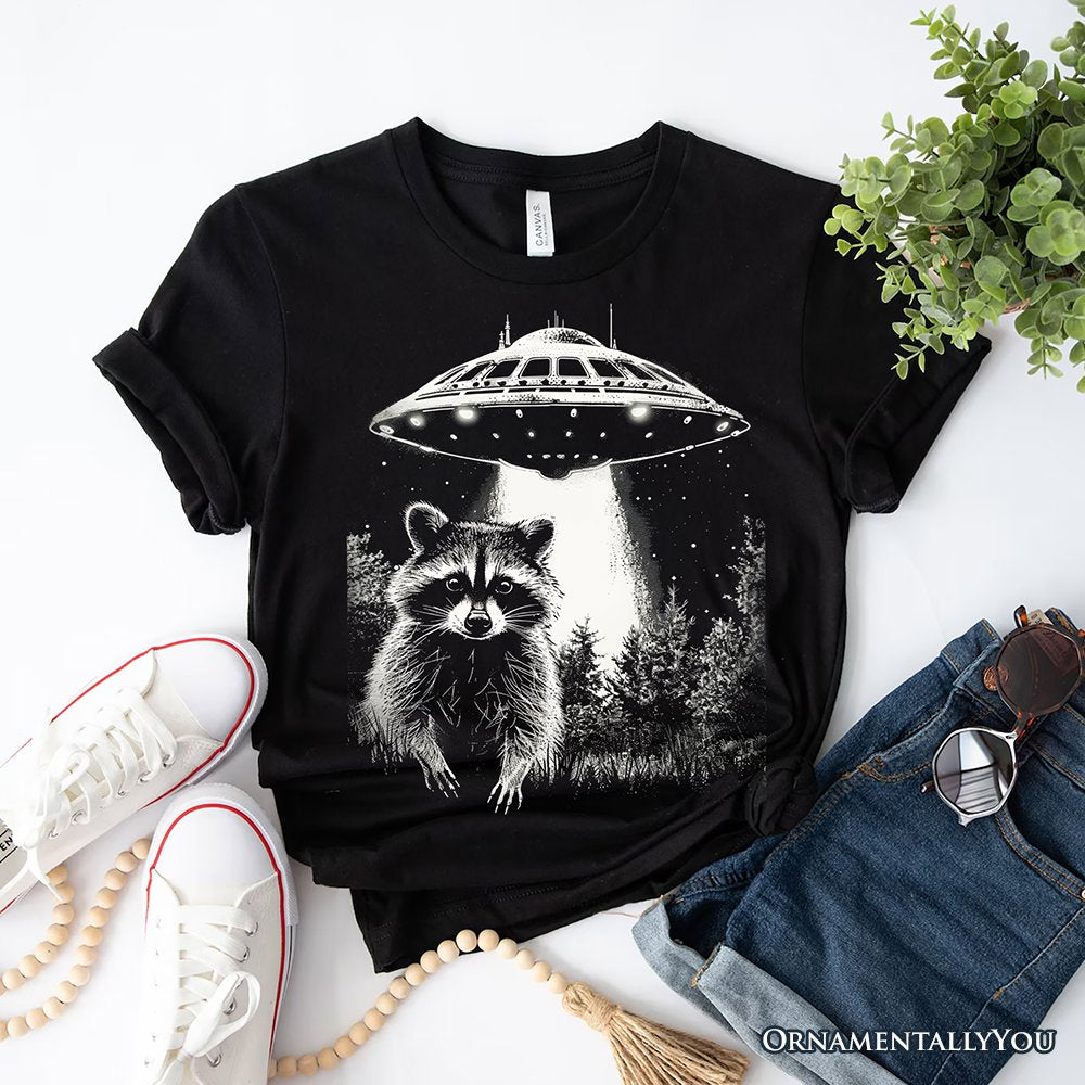 Funny UFO Raccoon T-Shirt, Black Unisex Tee for Alien Enthusiasts