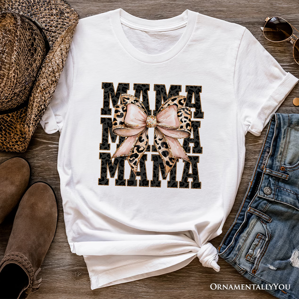 Glitter Leopard Mama T-Shirt, Coquette Bow Tee for Glam and Trendy Mothers