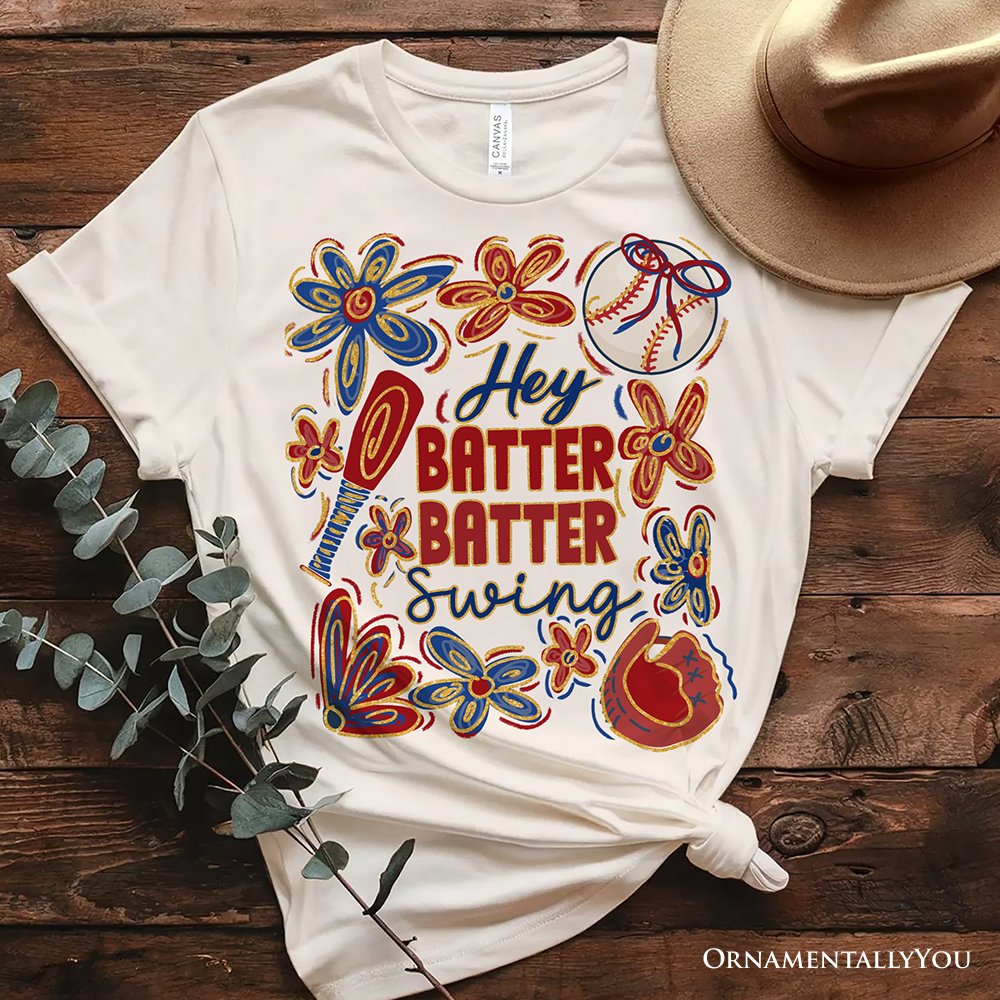 Hey Batter Batter Swing T-Shirt, Retro White and Natural Baseball Tee with Floral Accents