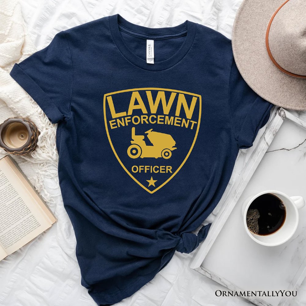 Lawn Enforcement Officer T-Shirt, Funny Badge Style Navy and Black Tee for Lawn Mower Gardener Dad
