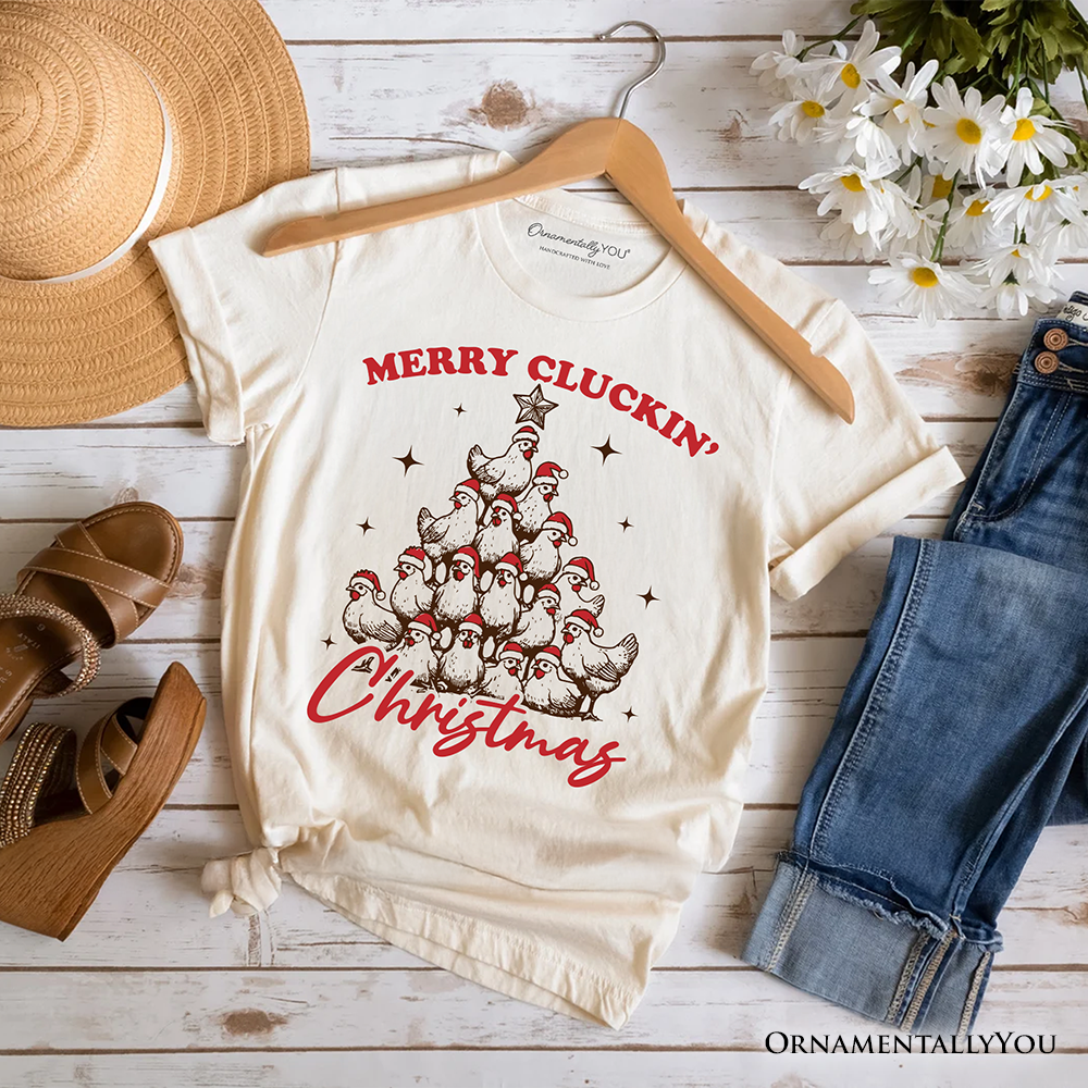 Merry Cluckin' Christmas Tree T‑Shirt, Funny Santa Hat Chicken Farmhouse Tee