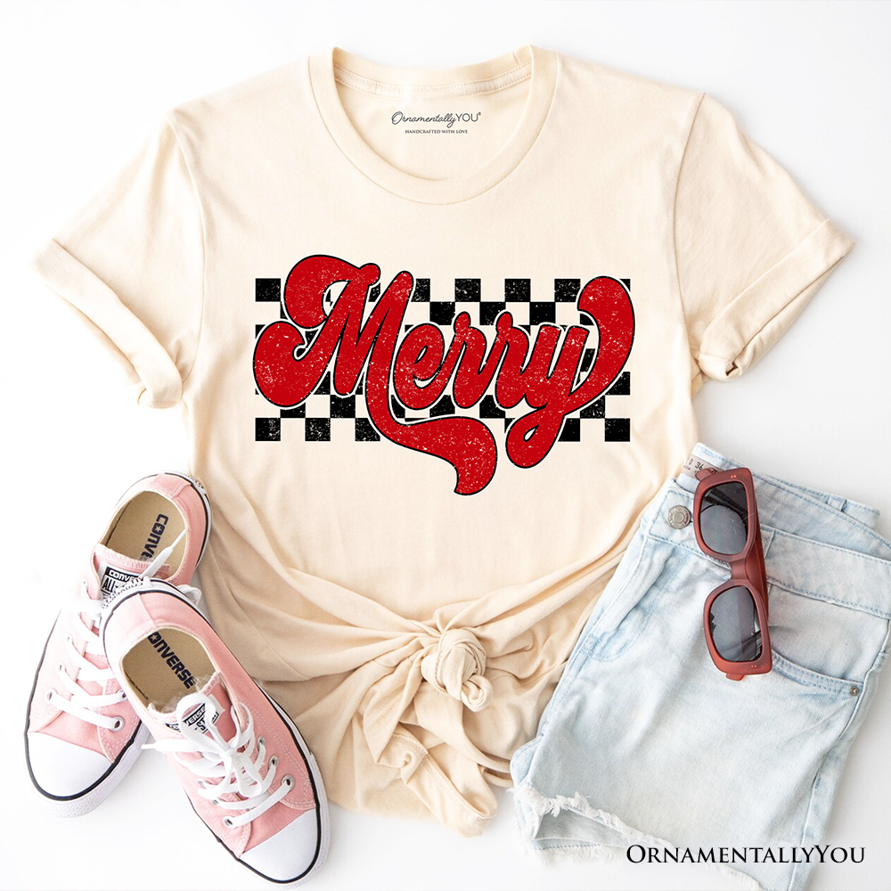 Merry Retro T‑Shirt, Christmas Checkered Tee