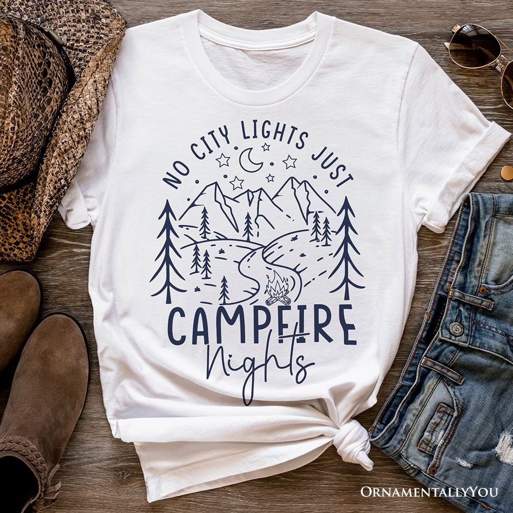 No City Lights Just Campfire Nights T-Shirt, White and Natural Camping Tee for Stargazing Campers