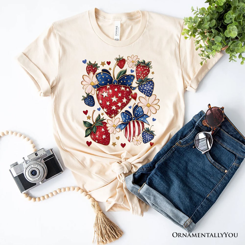 Patriotic Boho Strawberries Bouquet T-Shirt, 4th of July Festive Patch Tee