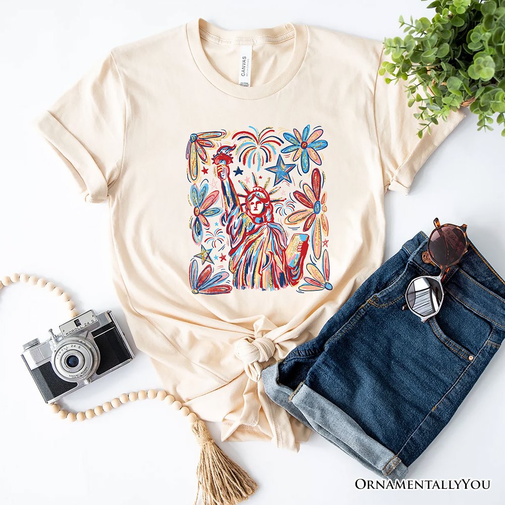 Patriotic Statue of Liberty and Fireworks T-Shirt, Festive 4th of July Tee