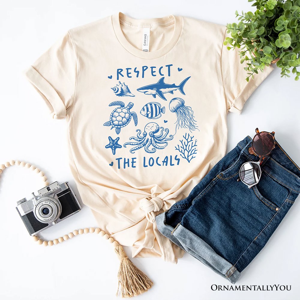 Respect the Locals Ocean Animals T-Shirt, Cute White and Natural Vacation Tee