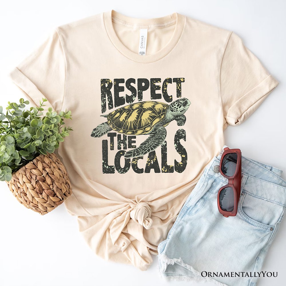 Respect the Locals Turtles T-Shirt, Retro Grunge White and Natural Tee for Ocean and Beach Lovers