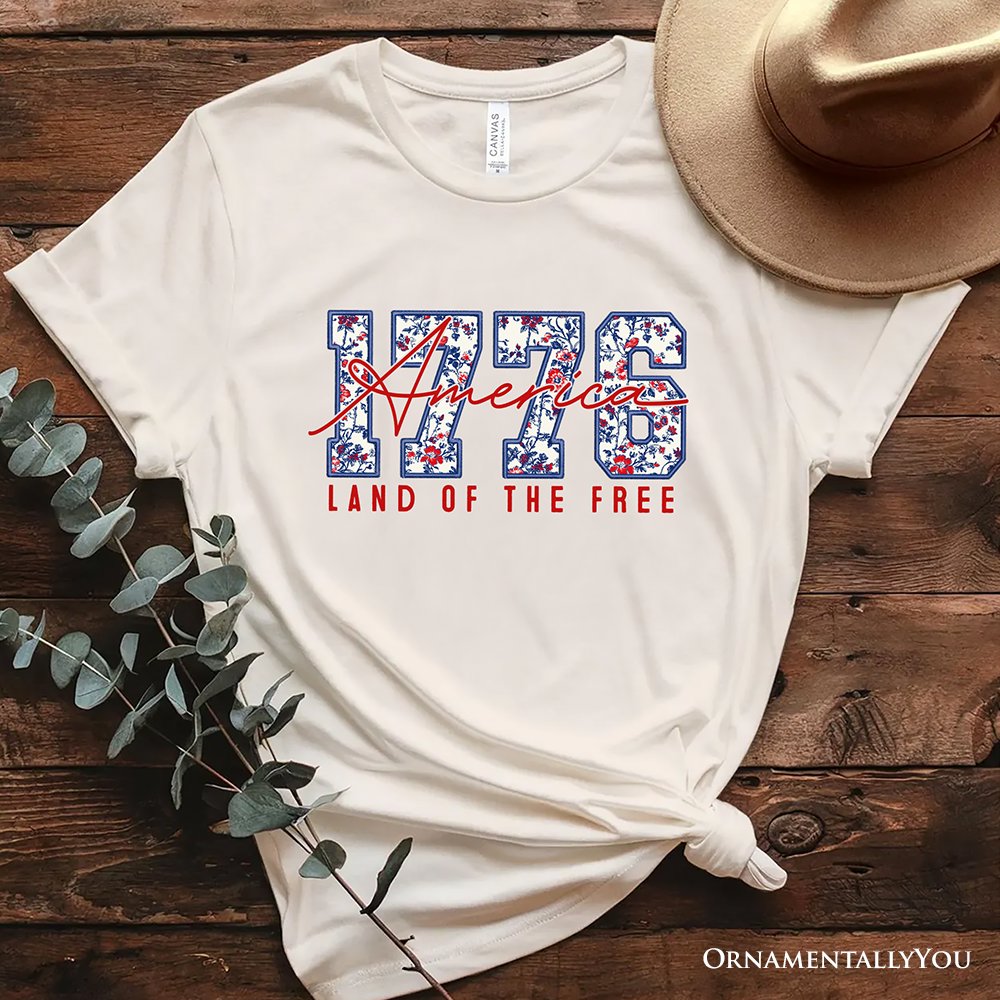 Retro America 1776 Floral T-Shirt, Land of the Free Patriotic Tee