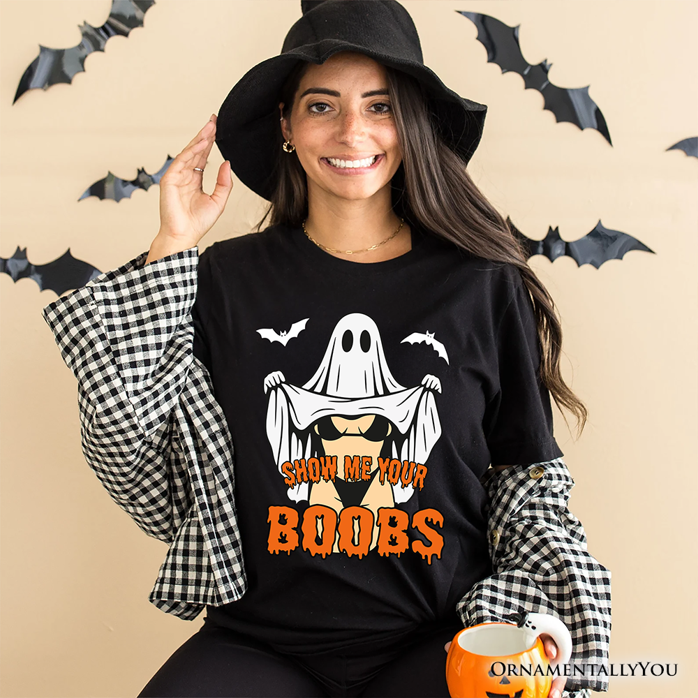 Show Me Your Boobs Halloween T-Shirt, Funny Naughty Pun Ghost Tee for Adults