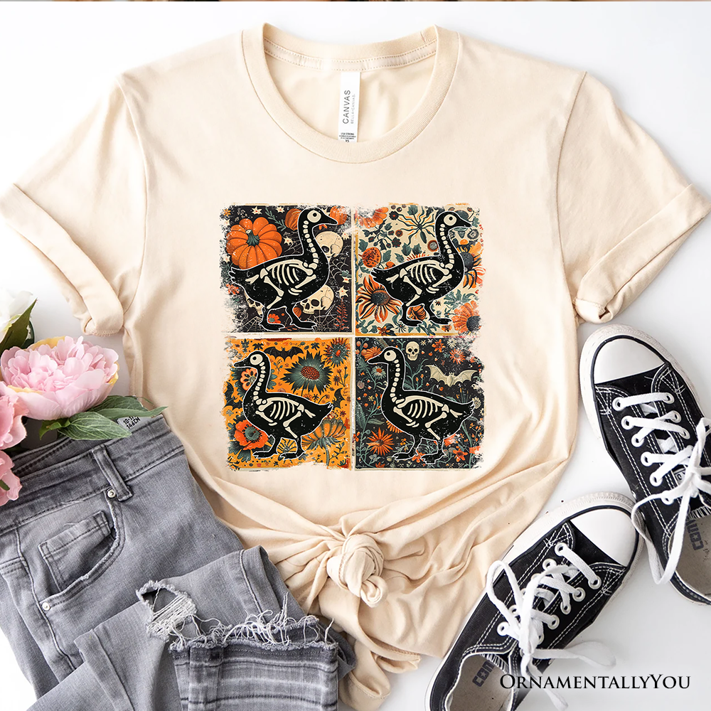 Skeleton Goose Patchwork T-Shirt, Floral Halloween Tee for The Spooky Season
