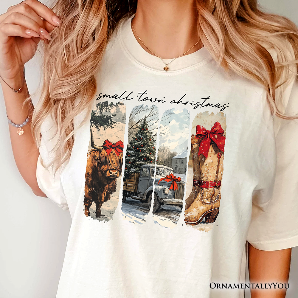 Small Town Christmas T‑Shirt, Highland Cow Rustic Western Cowgirl Holiday Tee