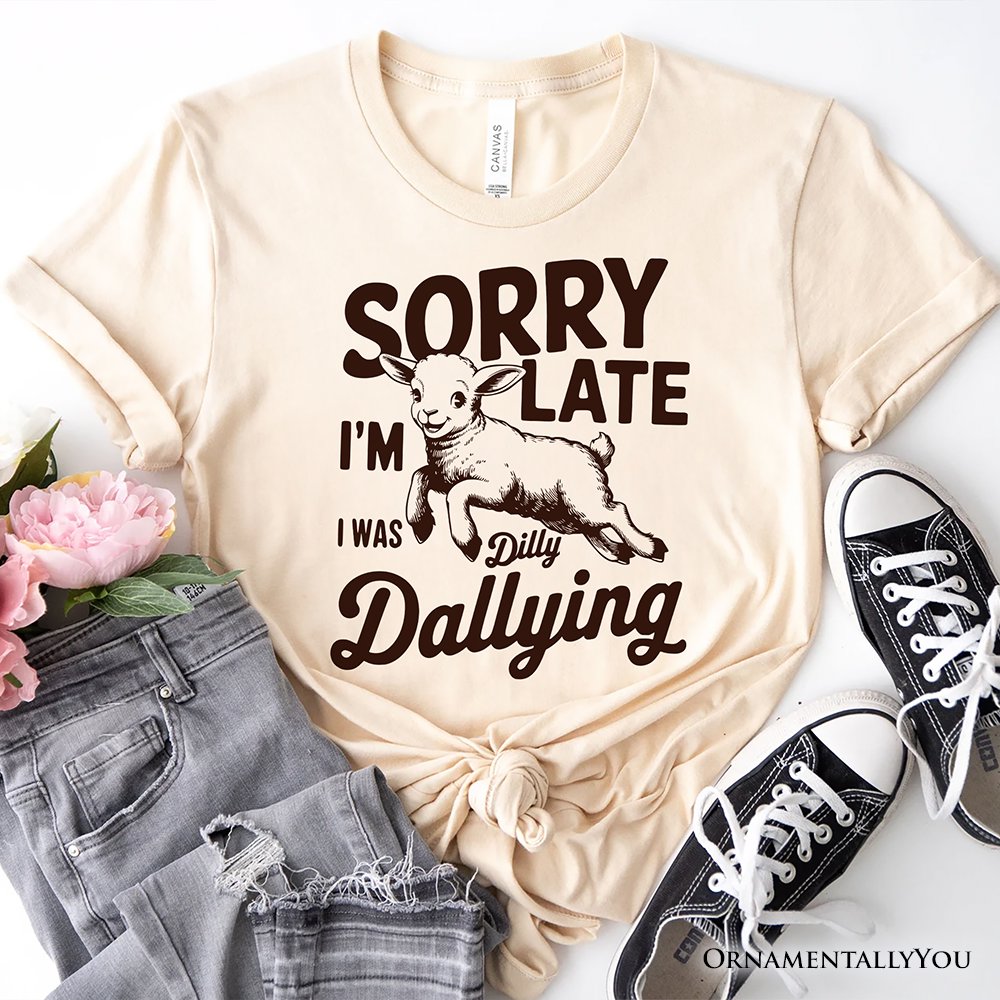 Sorry I'm Late Funny Lamb T-Shirt, Retro Dilly Dallying White and Natural Tee for Quirky Women