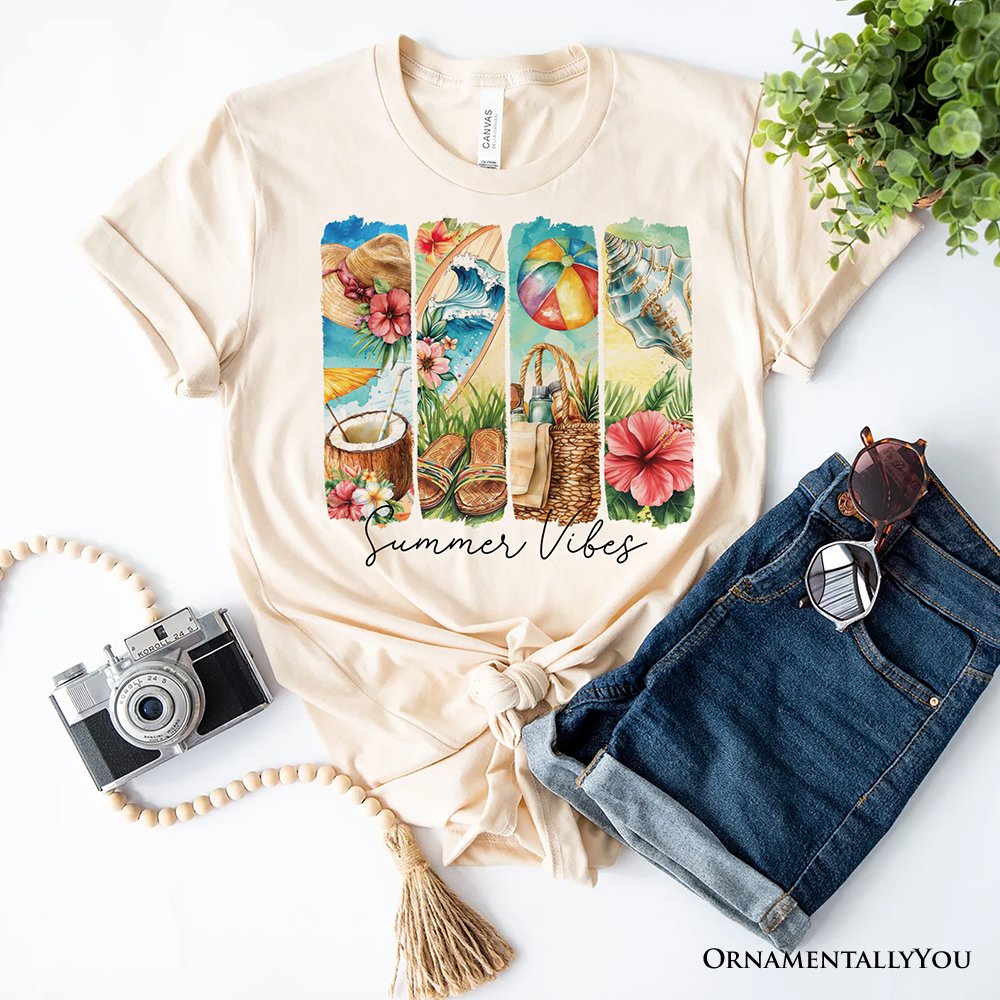 Summer Vibes T-Shirt, White and Natural Beach Tee with Coconut and Flowers