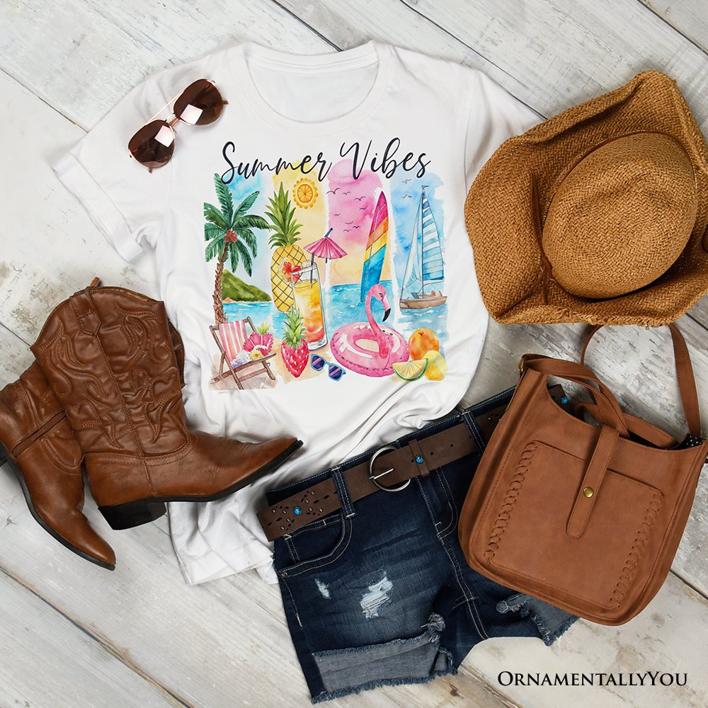 Summer Vibes T-Shirt, White and Natural Vacation Beach Tee