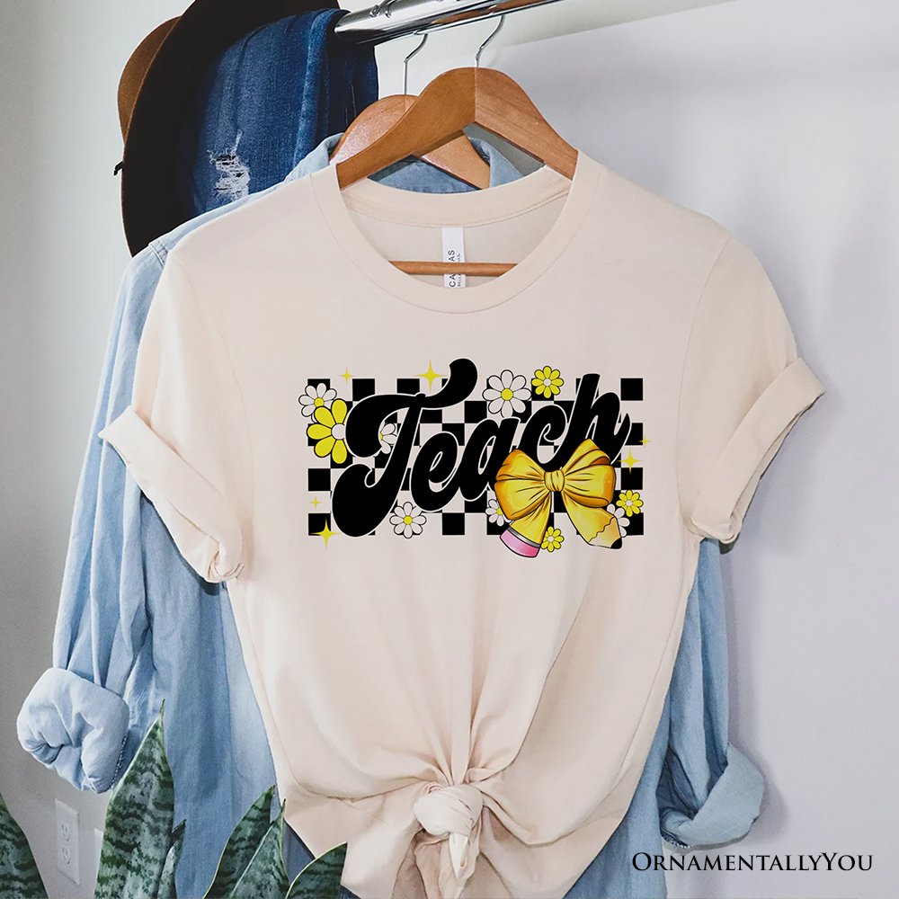 Teach Checkered Coquette Bow T-Shirt, White and Natural Retro Tee for Trendy Teachers