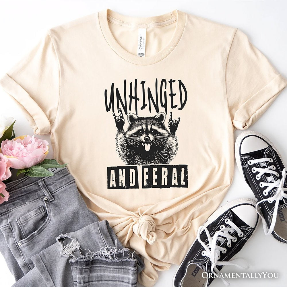 Unhinged and Feral Raccoon T-Shirt, Funny Rock Hands White and Natural Tee for Wild People