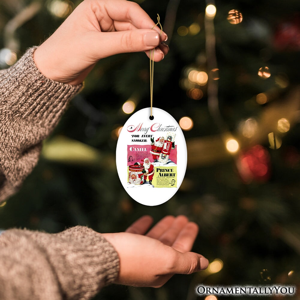 Vintage Christmas Smoking Advertisement Ceramic Ornament, 1940s Camel Cigarette Retro Collectible