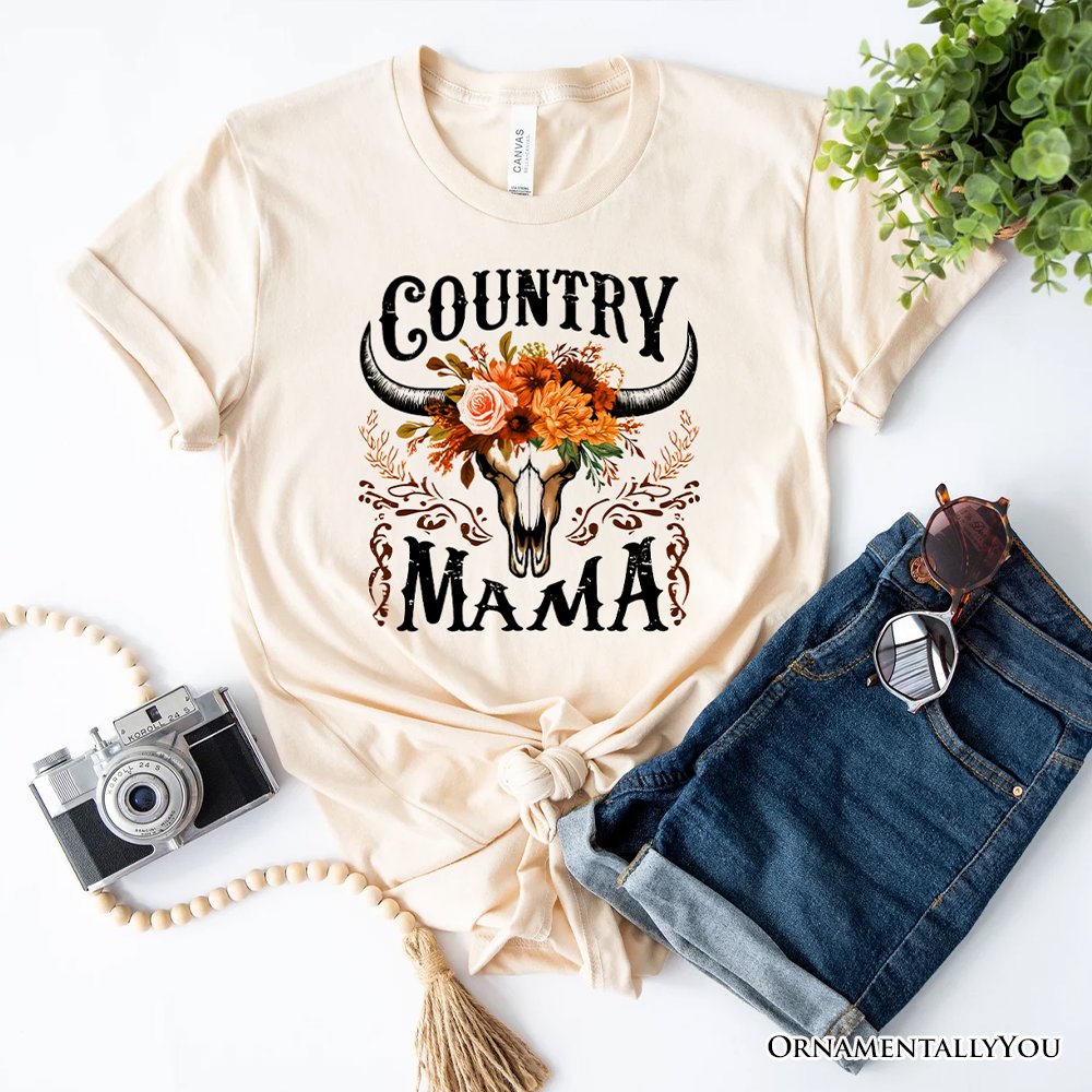 Country Mama Floral Buffalo Skull Vintage T-Shirt, Western Natural and White Women’s Tee