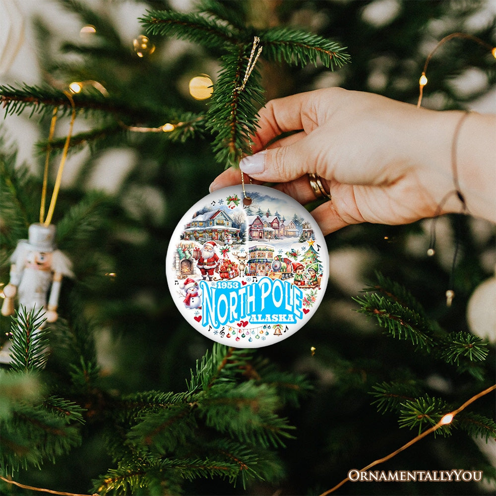 City of North Pole Alaska Artistic Christmas Ornament, Decorated Ceramic Souvenir with Santa and Elf Themes