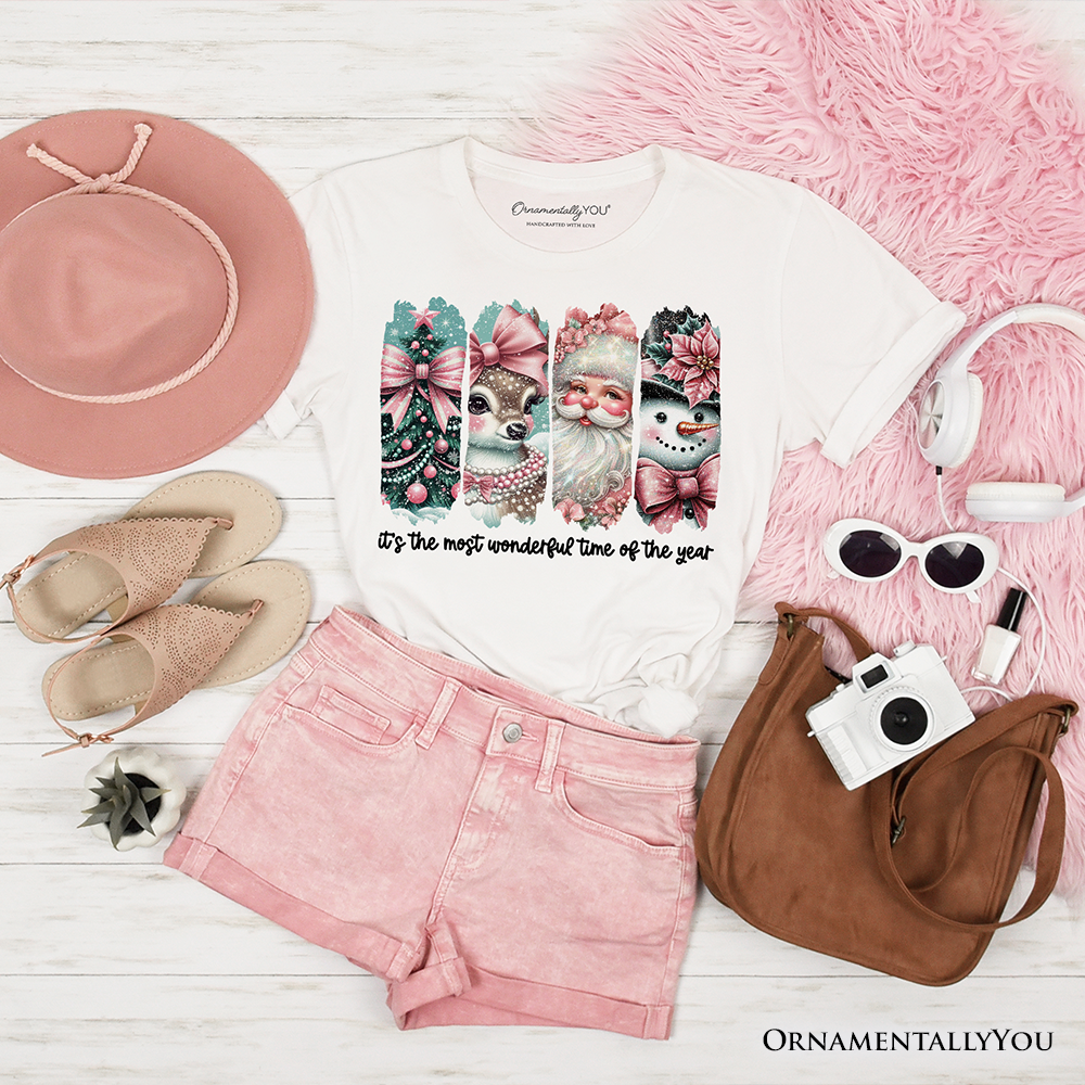 Coquette Pink Christmas T‑Shirt, It's The Most Wonderful Time Of The Year Vintage Tree, Reindeer, Santa and Snowman Tee
