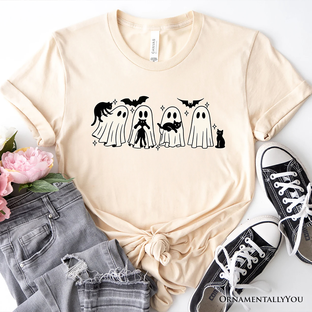 Ghosts and Cats Spooky T-Shirt, Whimsical Halloween Tee for Cozy Autumn Season