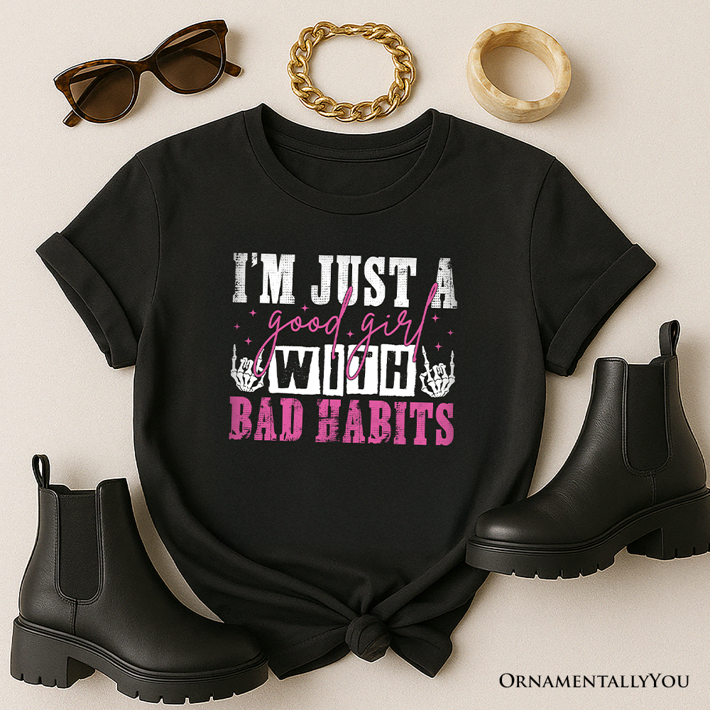 Good Girl with Bad Habits T-Shirt, Grunge Pink and Skeleton Hands Navy, Black, and White Tee for Wild and Rebellious Women