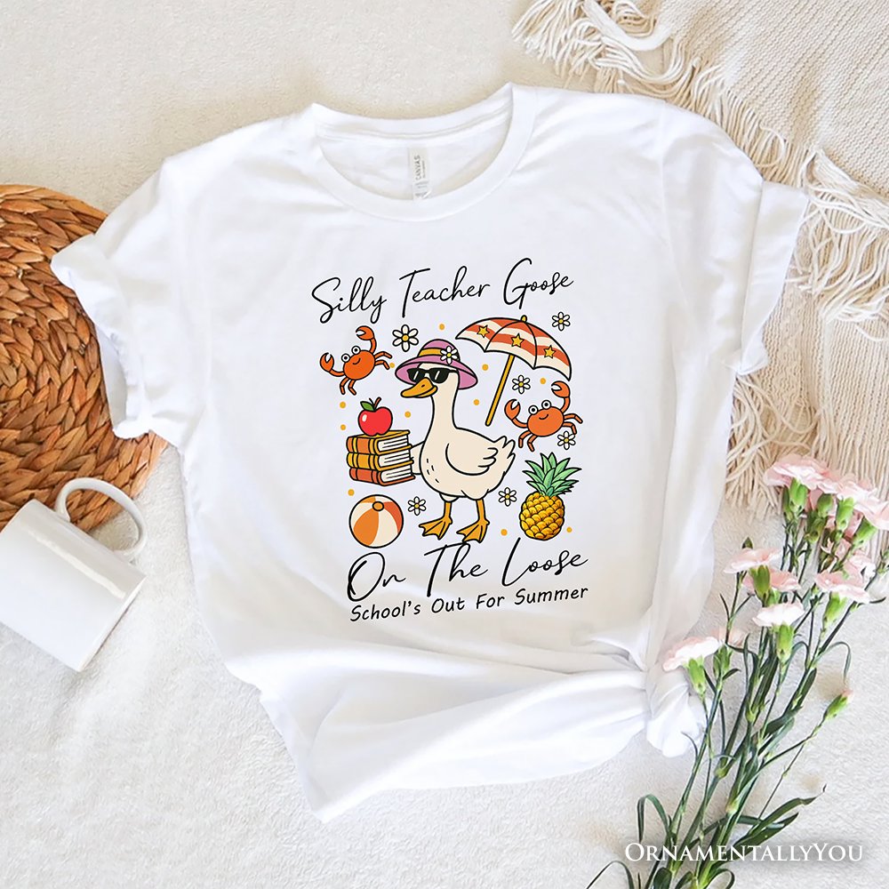 Last Day Teacher Goose T-Shirt, Tropical Summer Break Navy, White, and Natural Tee for Fun and Quirky Educators