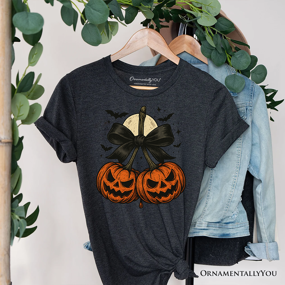 Pumpkin Cherries Coquette Bow T-Shirt, Retro Halloween Fall Season Tee for Sweet Autumn Girls