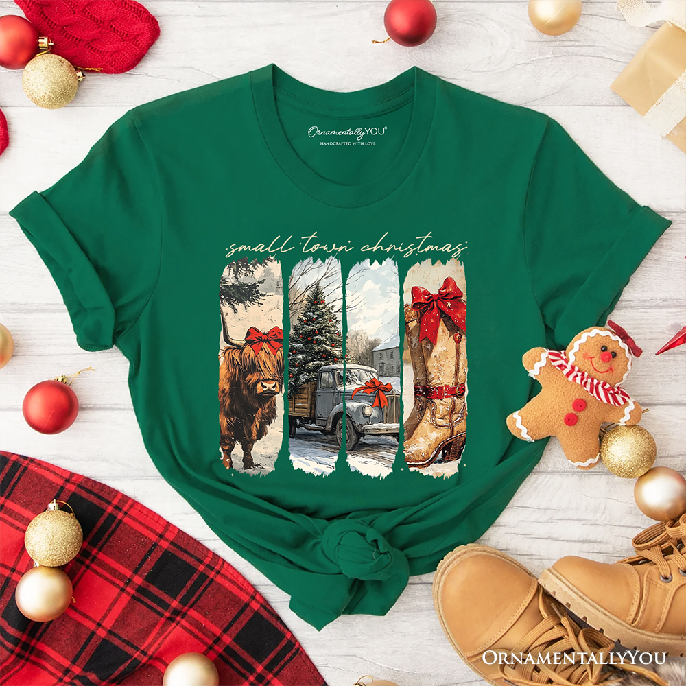 Small Town Christmas T‑Shirt, Highland Cow Rustic Western Cowgirl Holiday Tee