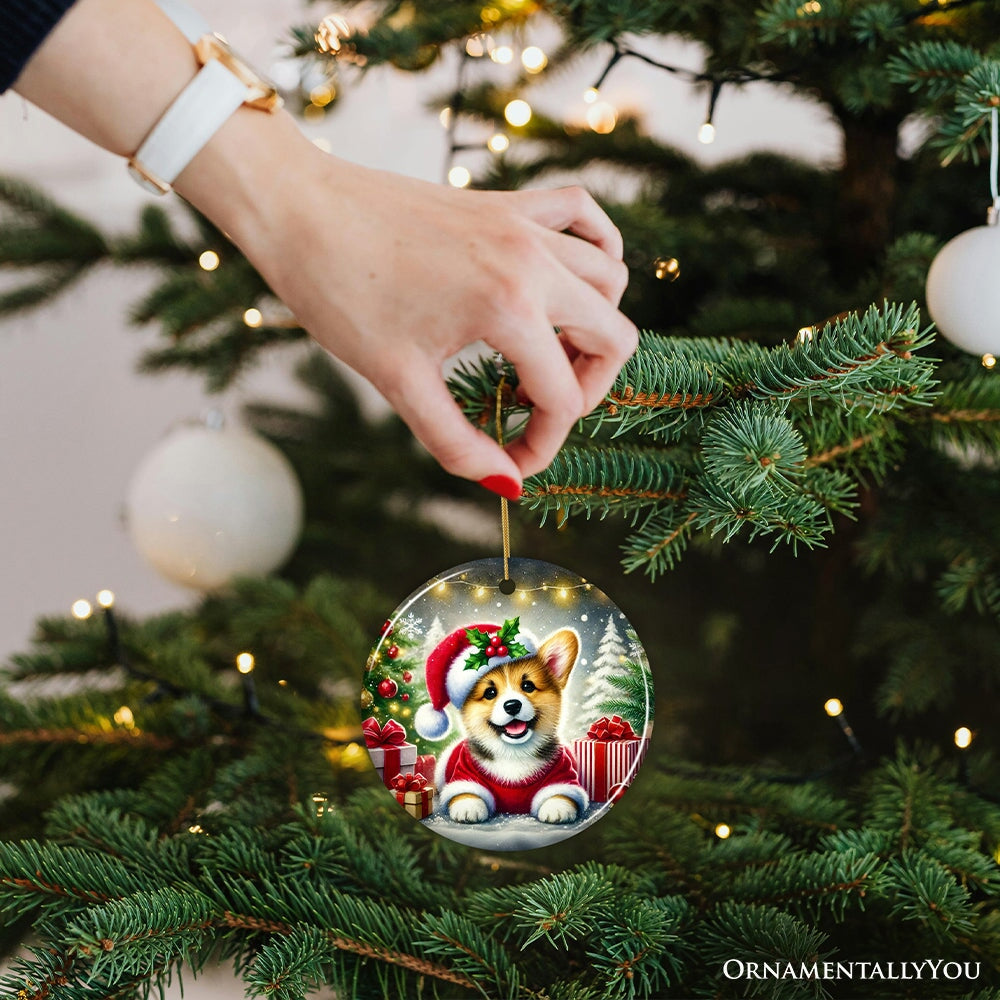 Adorable Welsh Corgi with Santa Hat Ornament, Jolly Christmas for Heartfelt Gift