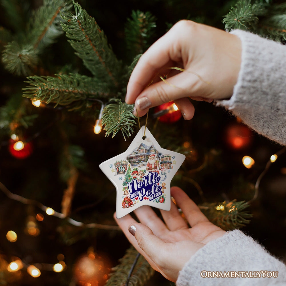 City of North Pole Alaska Artistic Christmas Ornament, Decorated Ceramic Souvenir with Santa and Elf Themes