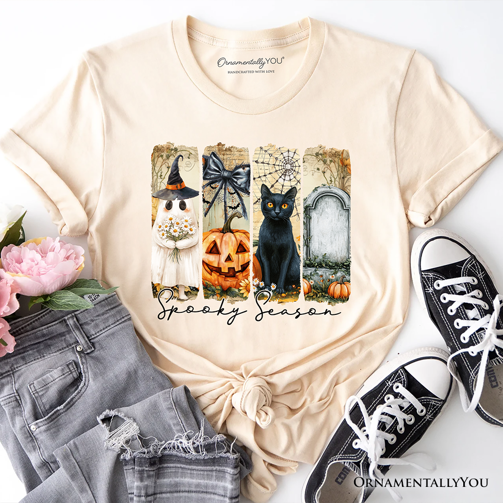 Fall Spooky Season Brushstroke T-Shirt, Coquette Vintage Ghost, Cat and Pumpkin Tee
