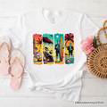 Frankenstein's Beach Vacation T-Shirt, Retro Neon Surf Style Tee for Horror Fans with Summer Vibes