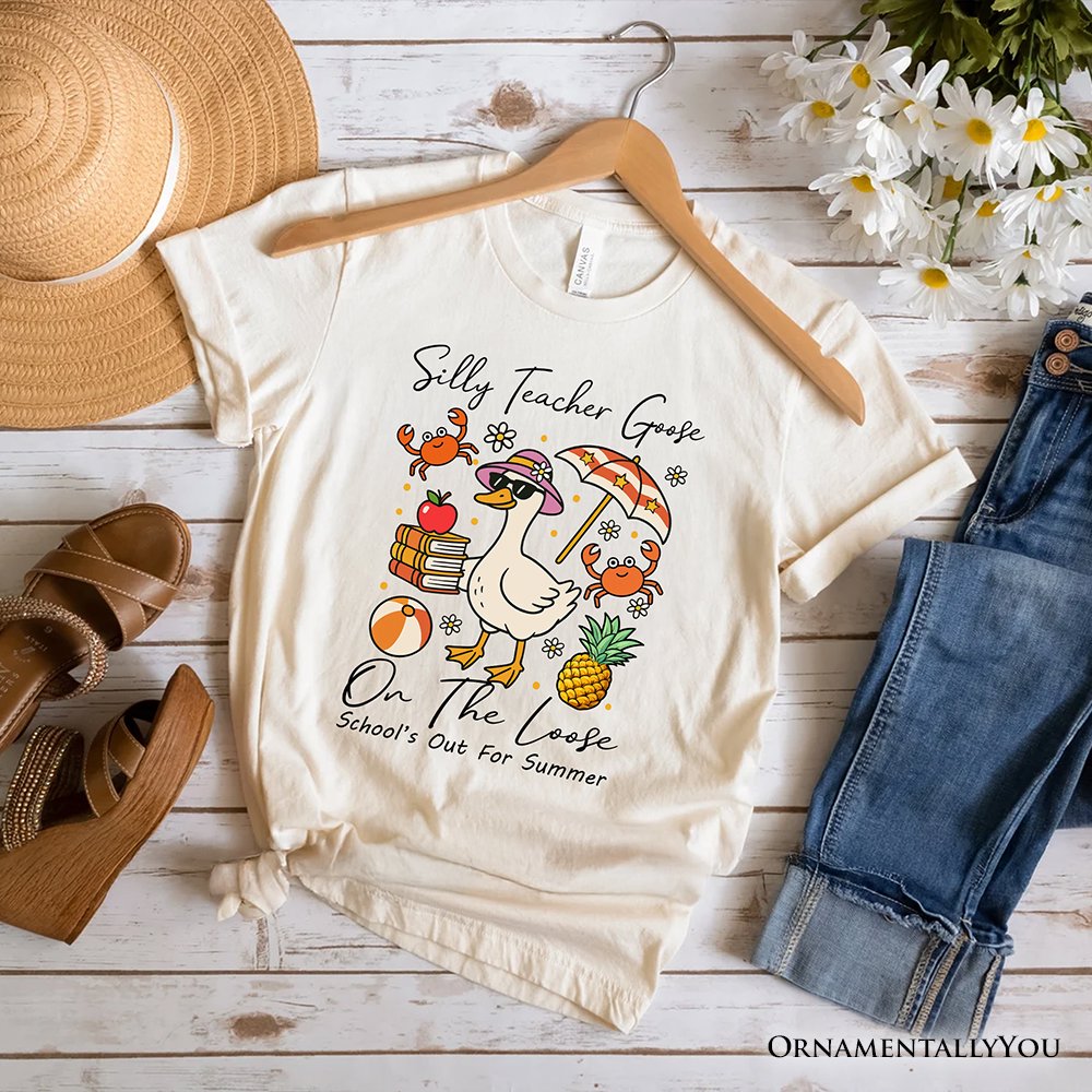 Last Day Teacher Goose T-Shirt, Tropical Summer Break Navy, White, and Natural Tee for Fun and Quirky Educators