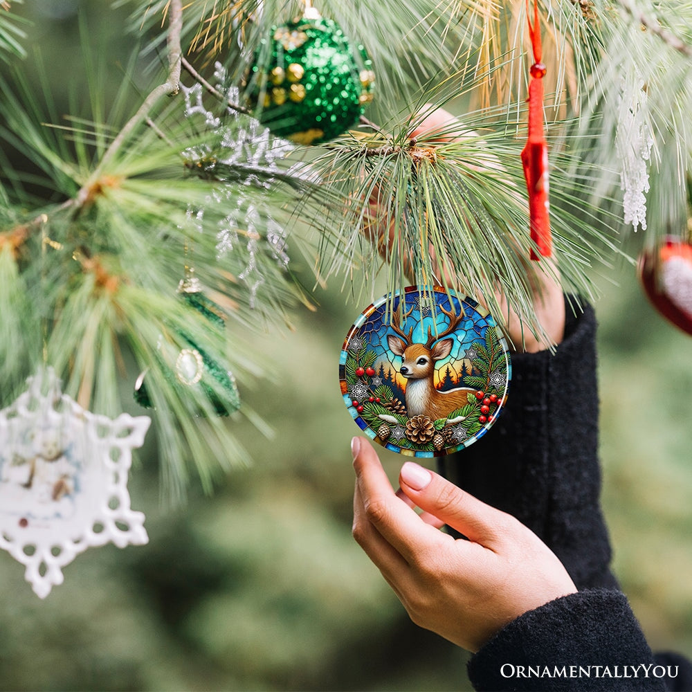 Majestic Winter Deer in Holly Branches Ornament, Enchanting Holiday Wonderland for Christmas Tree Decor