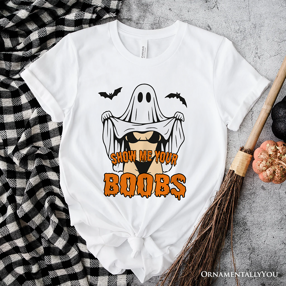 Show Me Your Boobs Halloween T-Shirt, Funny Naughty Pun Ghost Tee for Adults