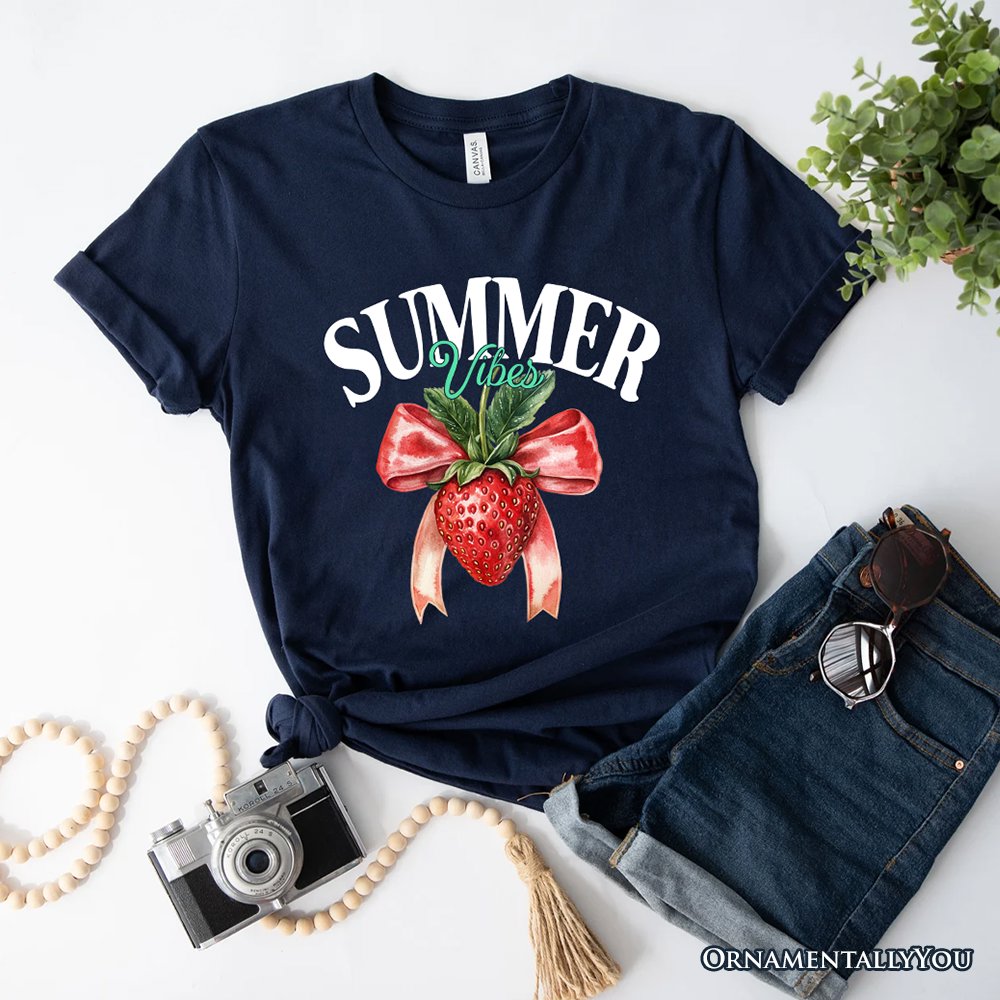 Summer Vibes Strawberry T-Shirt, White, Natural and Navy Seasonal Tee with Coquette Style