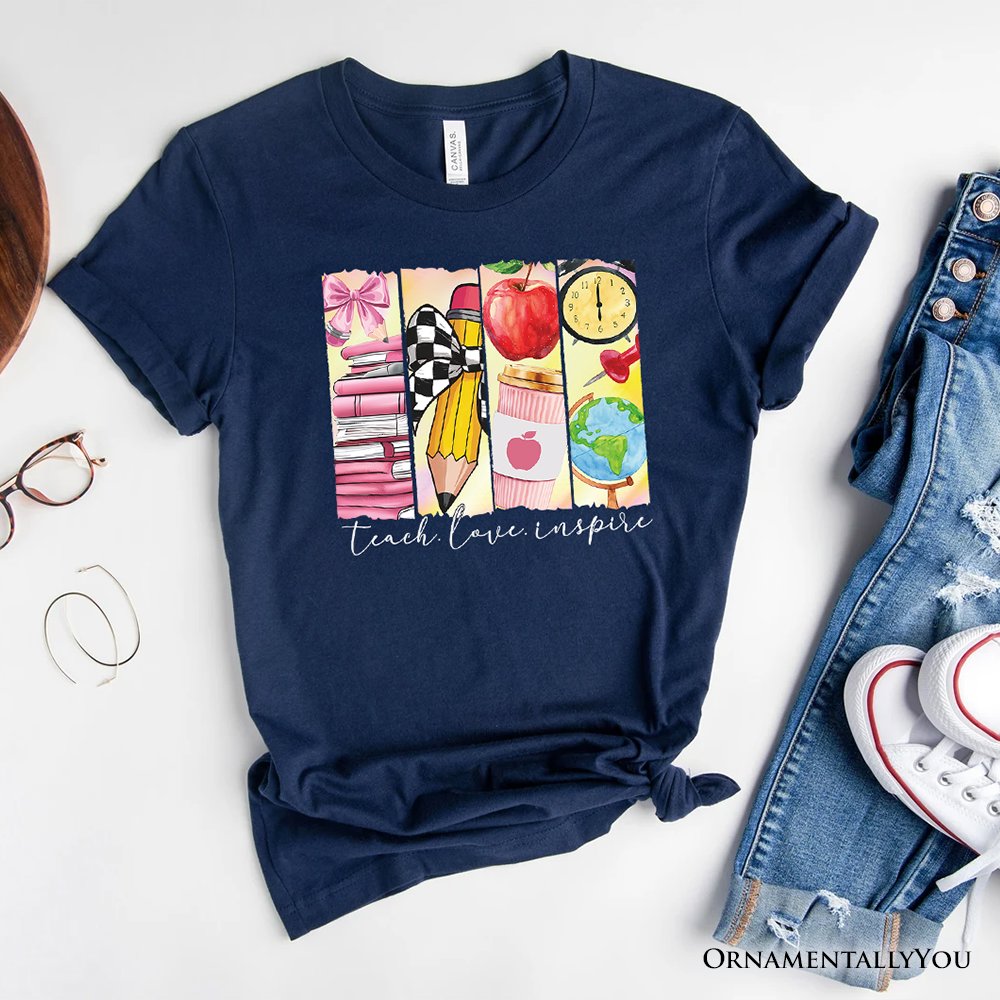 Teach Love Inspire T-Shirt, Retro Brushstroke White, Natural, and Navy Tee for Passionate Teachers