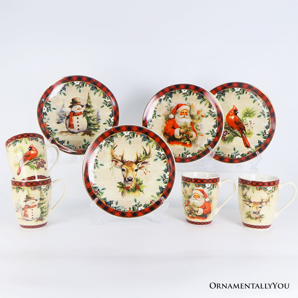 Holiday Cheer Set of 4 Plates with Real Gold Plaid Trim, Christmas Tableware Collection for Salad, Dessert, Appetizer, and Side Plates