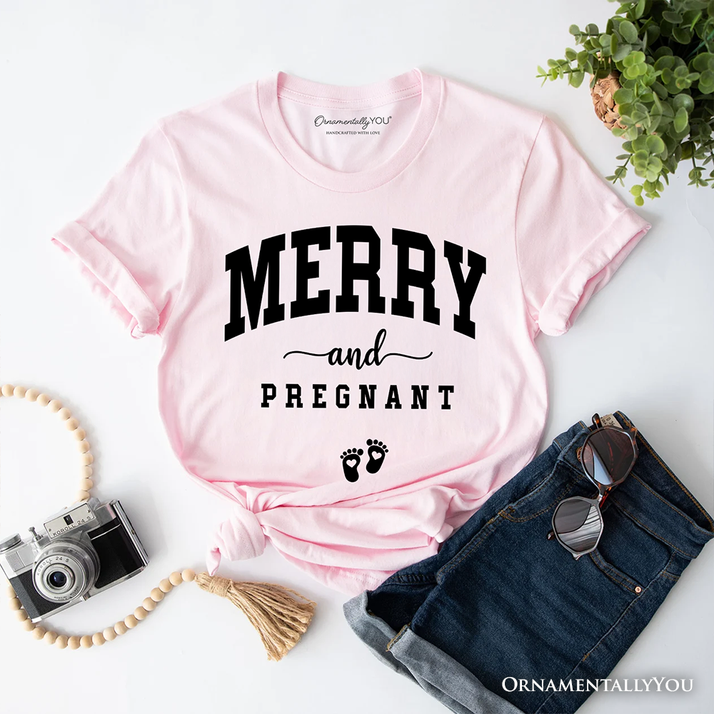 Merry and Pregnant T‑Shirt, Baby Announcement Christmas Tee for New Mom