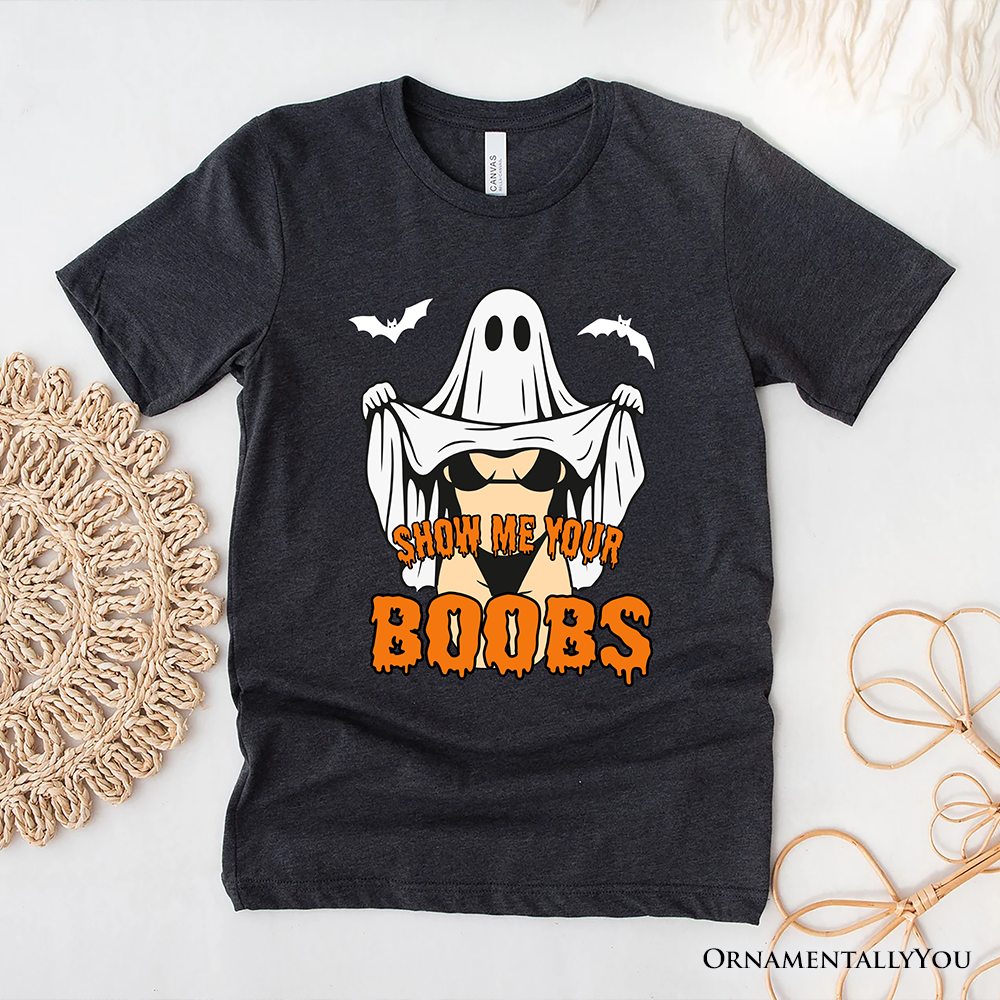 Show Me Your Boobs Halloween T-Shirt, Funny Naughty Pun Ghost Tee for Adults