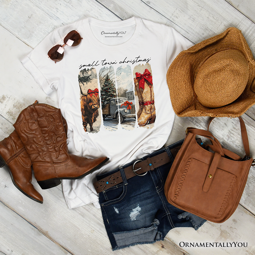 Small Town Christmas T‑Shirt, Highland Cow Rustic Western Cowgirl Holiday Tee
