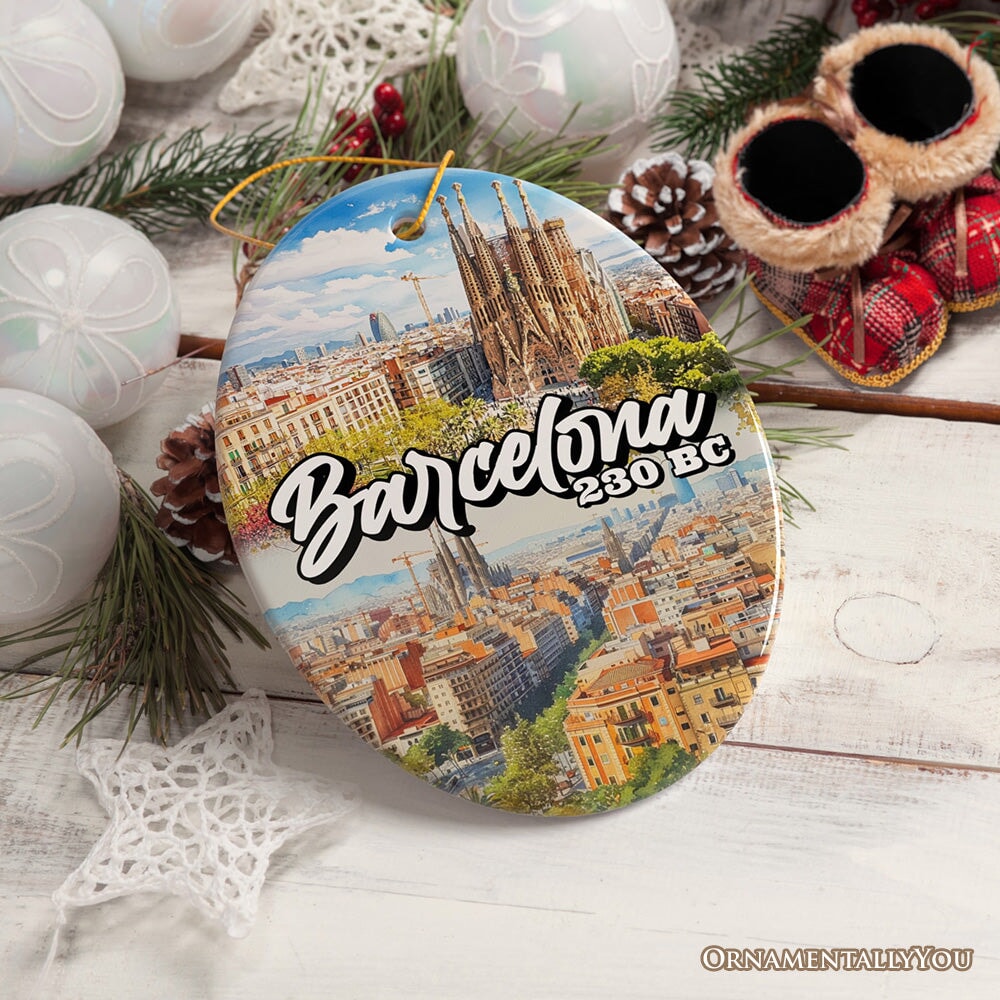 Illustrated Barcelona Landmarks Ceramic Ornament, Spain Travel Souvenir and Christmas Gift